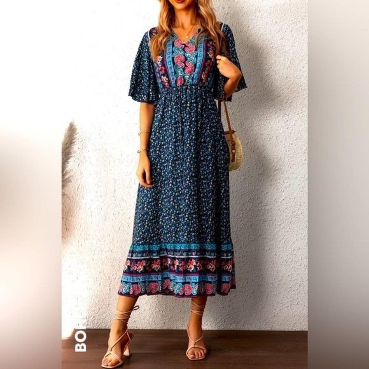 Cupshe Women's Blue and Orange Dress Depop