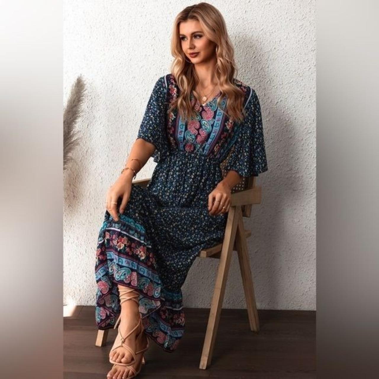 Cupshe Women's Blue and Orange Dress Depop