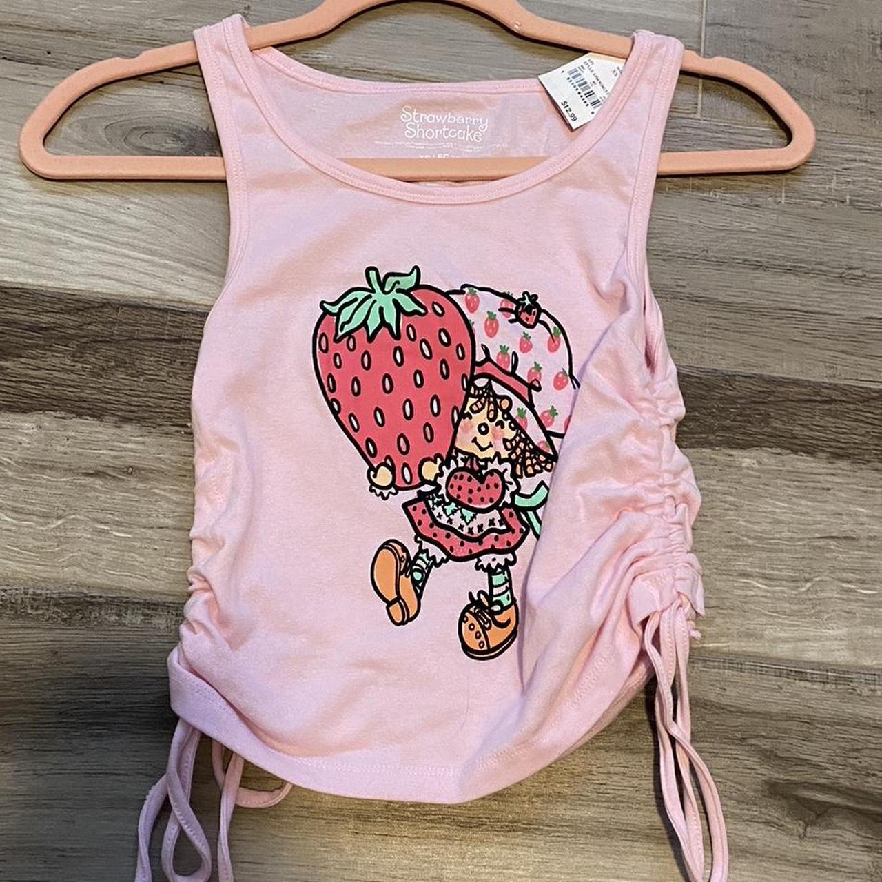 strawberry shortcake pink tank crop top size xs fits... - Depop