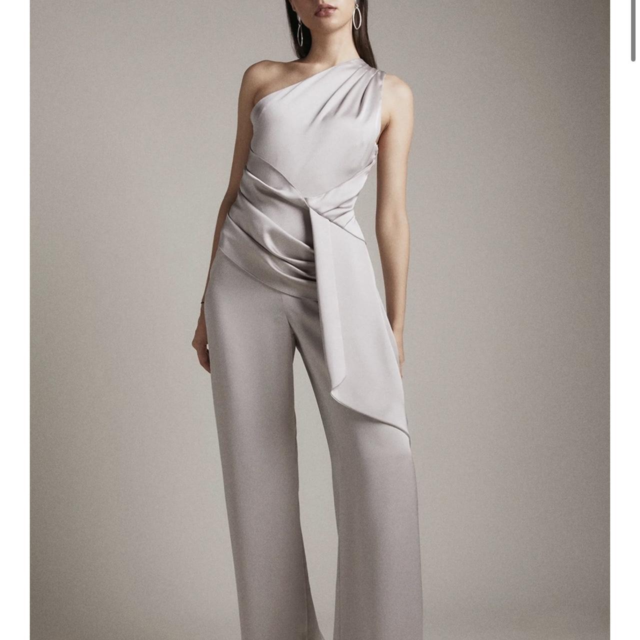 Karen Millen Satin Crepe One Shoulder Drape Jumpsuit... Depop