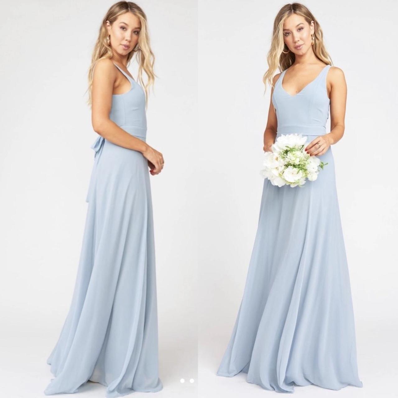 Mumu steel 2024 blue bridesmaid dresses