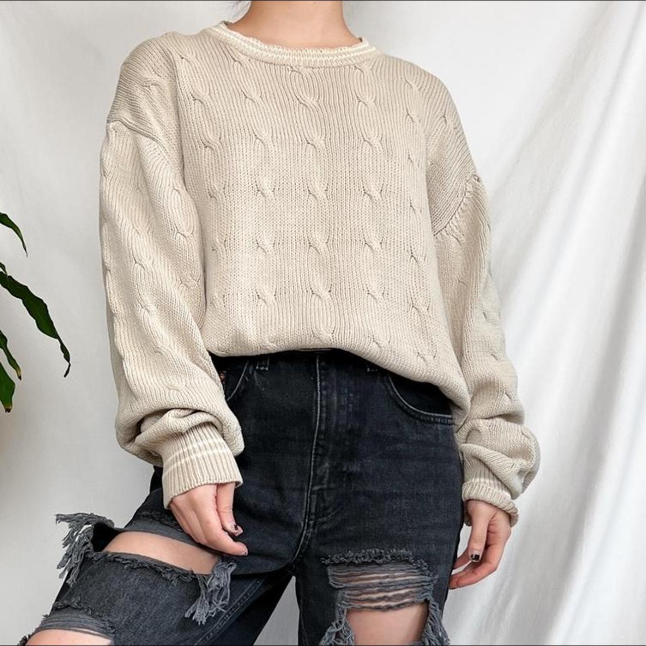 Vintage cream chunky cable knit knit crew neck pull... - Depop
