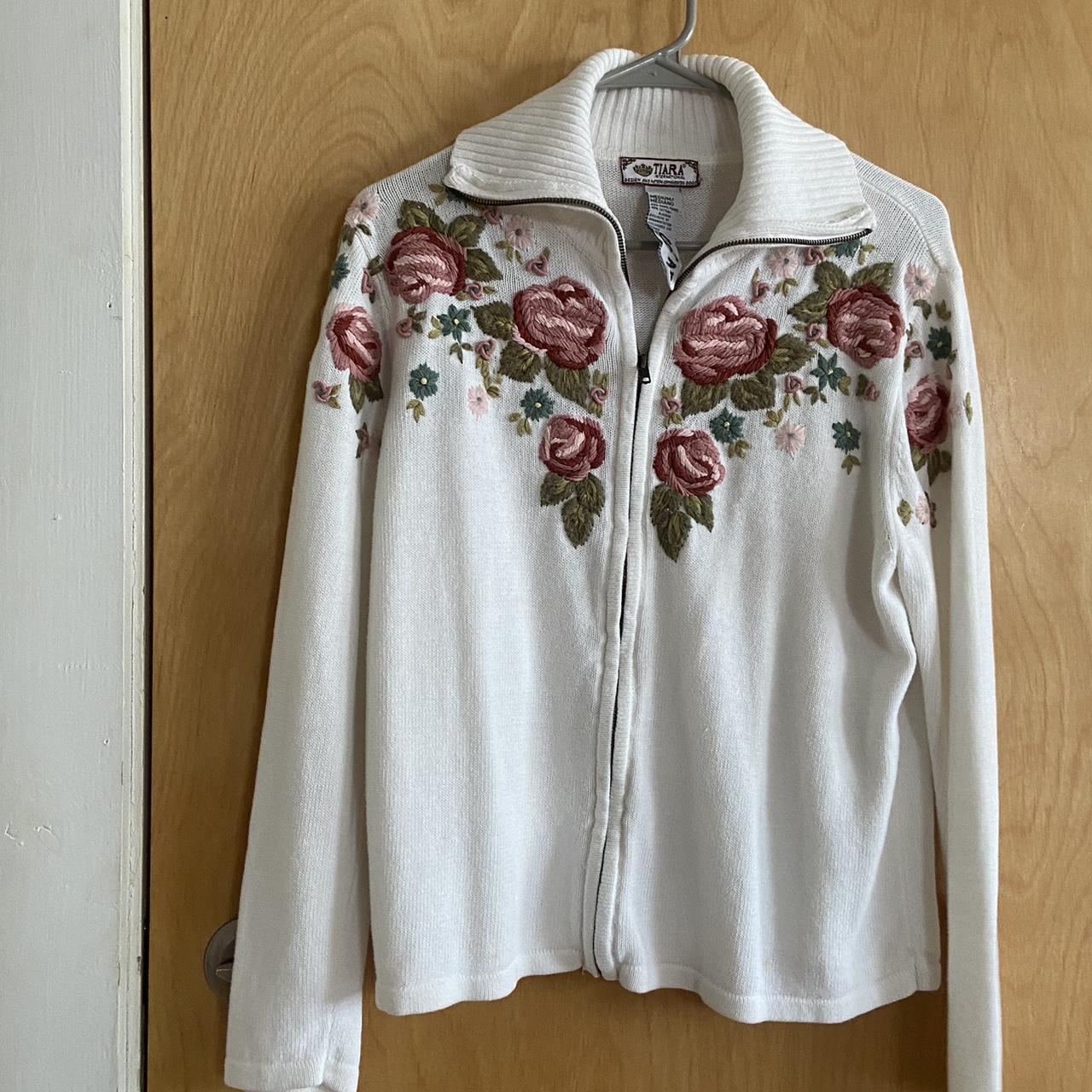 “Tiara International” cream zip up cardigan with... Depop