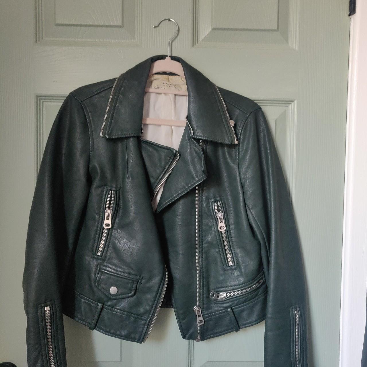 Zara bottle green leather jacket, originally bought... - Depop