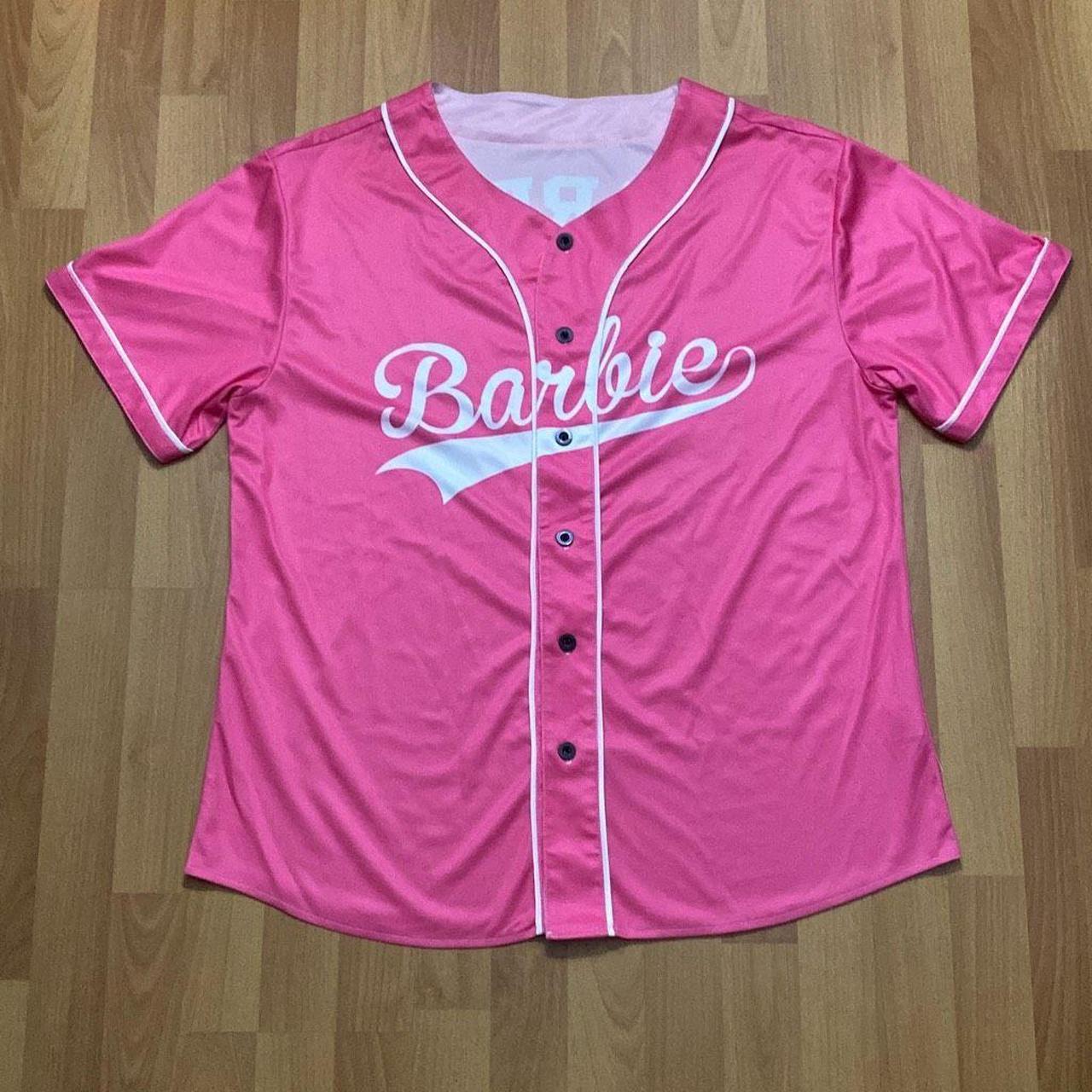 Barbie Baseball Pink White Jersey Button Graphic Depop