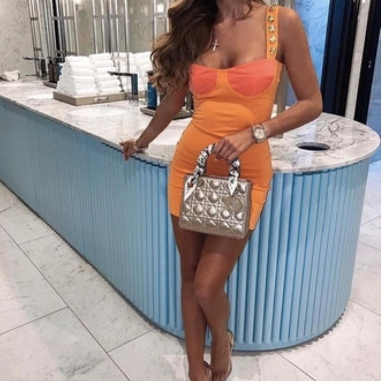 Orange and pink dress with gold buttons on straps... - Depop