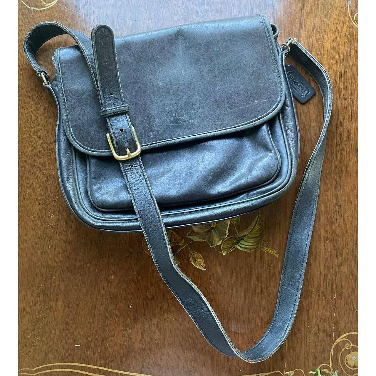 Vintage Coach Black Leather Messenger Bag. Crossbody... Depop