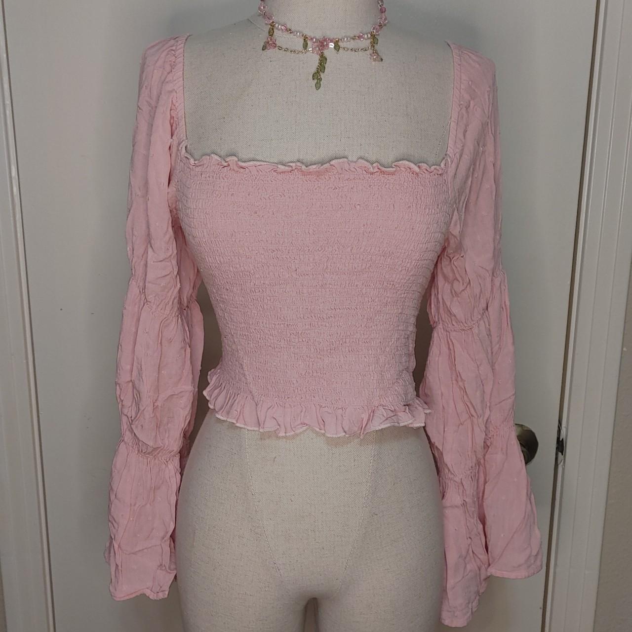 Pink cropped princess sleeve top with tiny swiss... - Depop