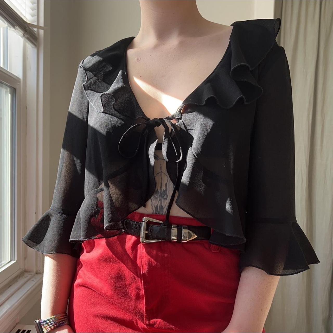 Vintage 90s sheer black cropped tie top Features a... Depop