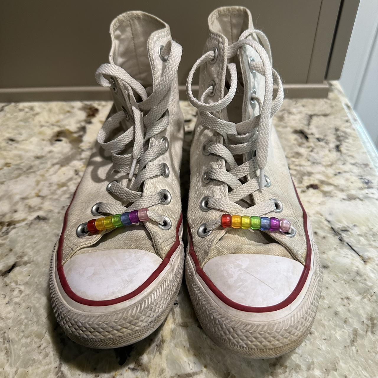 White Converse with rainbow beads. Size US women s. Depop