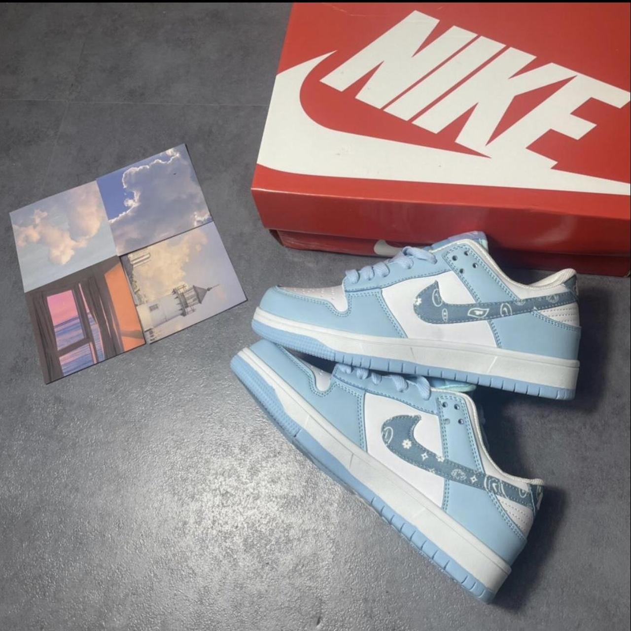 SB Dunk white and blue cashew flower low-top sneakers . - Depop