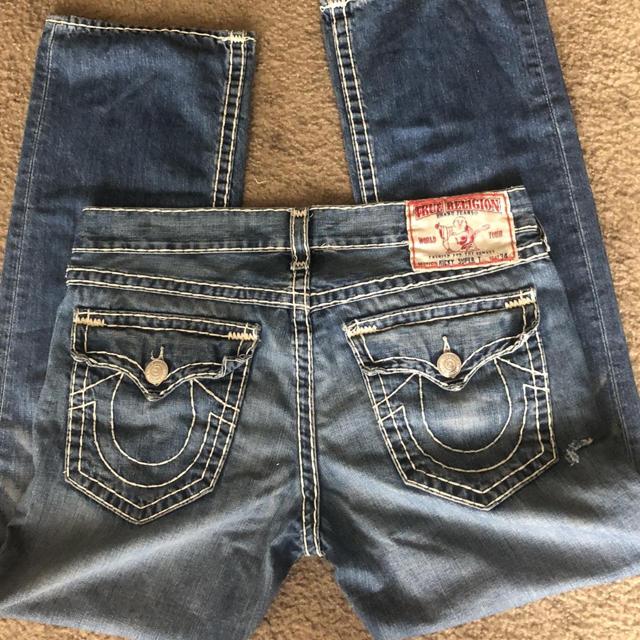 True religion Ricky SUPER T jeans w white stitching... - Depop