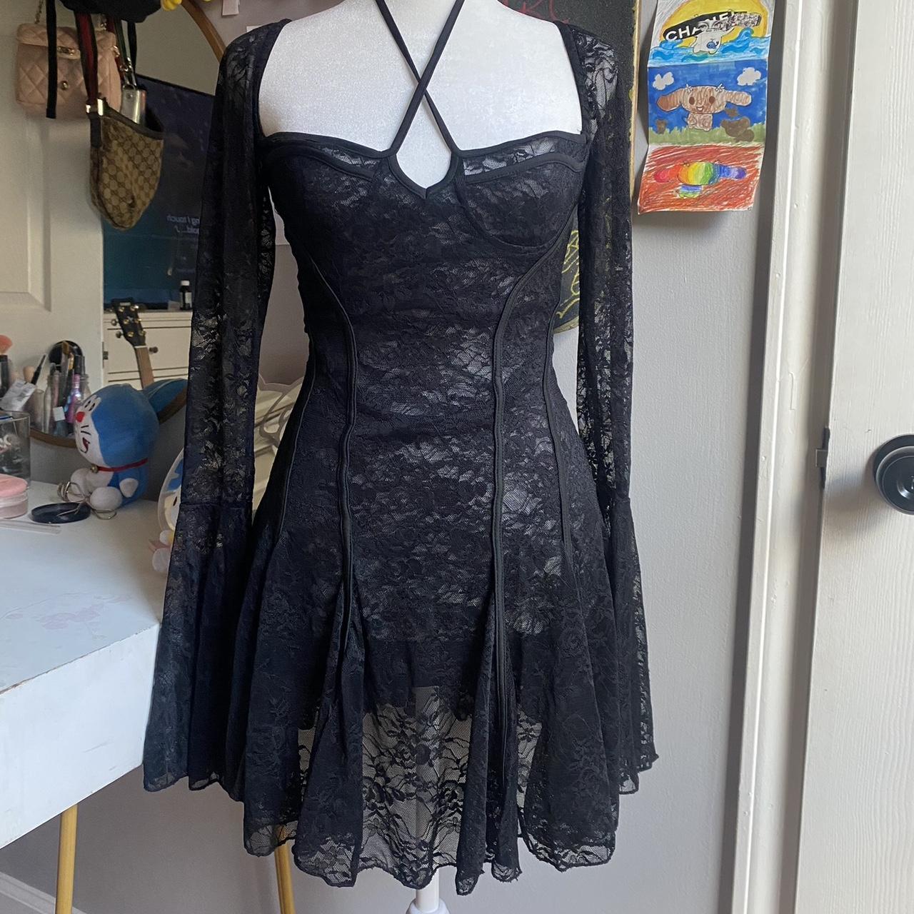 Black lace dress with a corset style bodice and long... - Depop