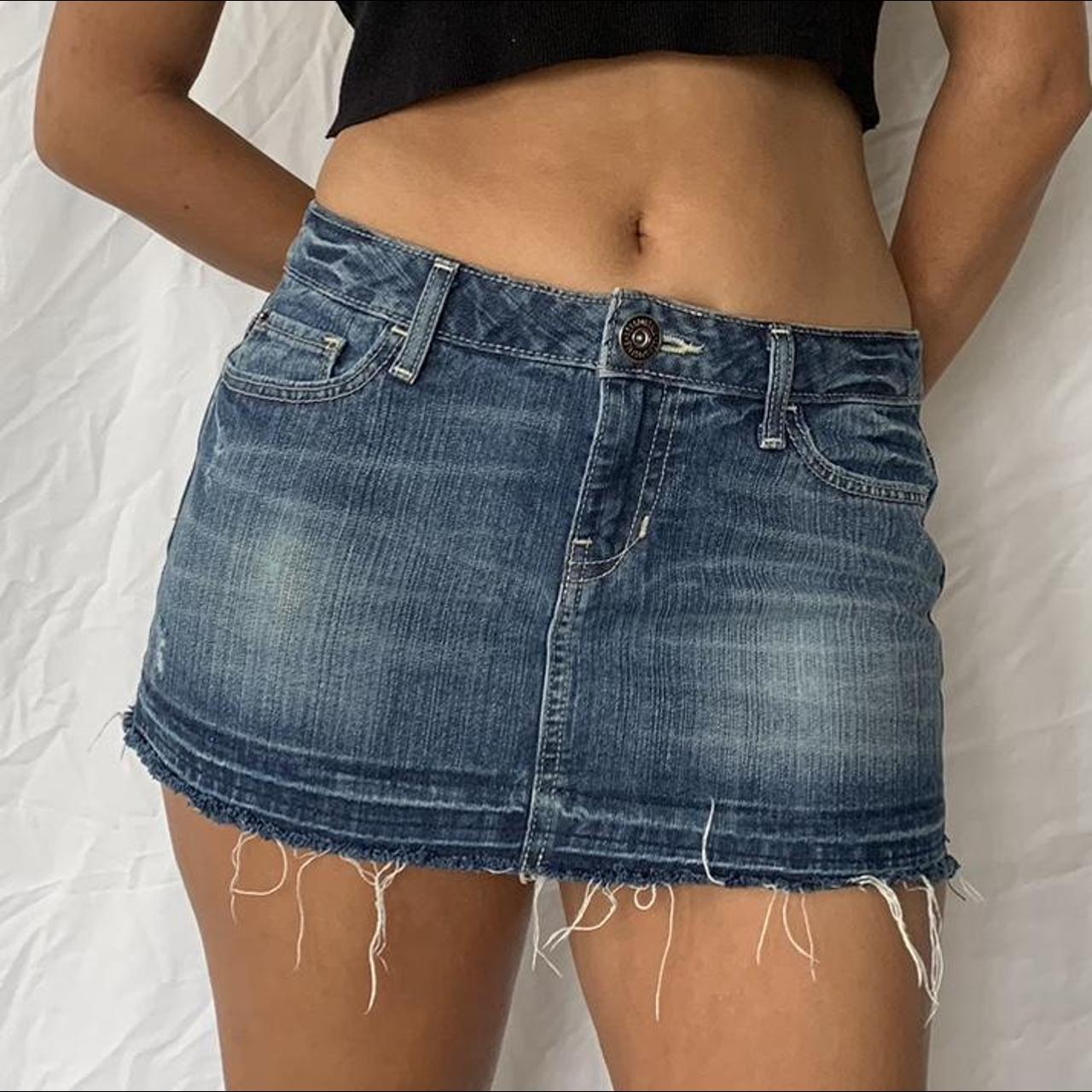 2000’s aéropostale denim mini skirt with frayed edge - Depop