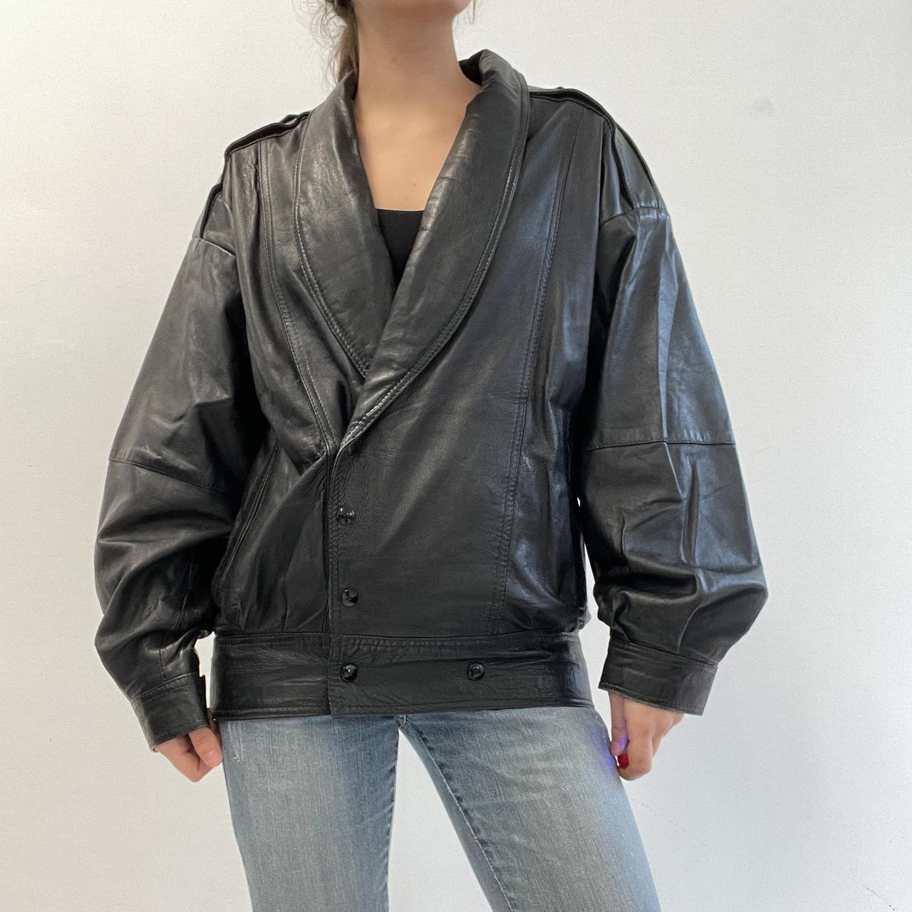 Cutest black oversized button up leather bomber... - Depop