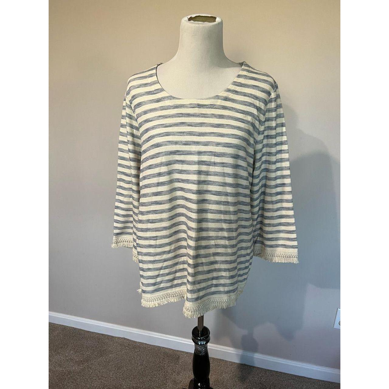 J. Jill women top long sleeve cream/blue cotton crew... - Depop