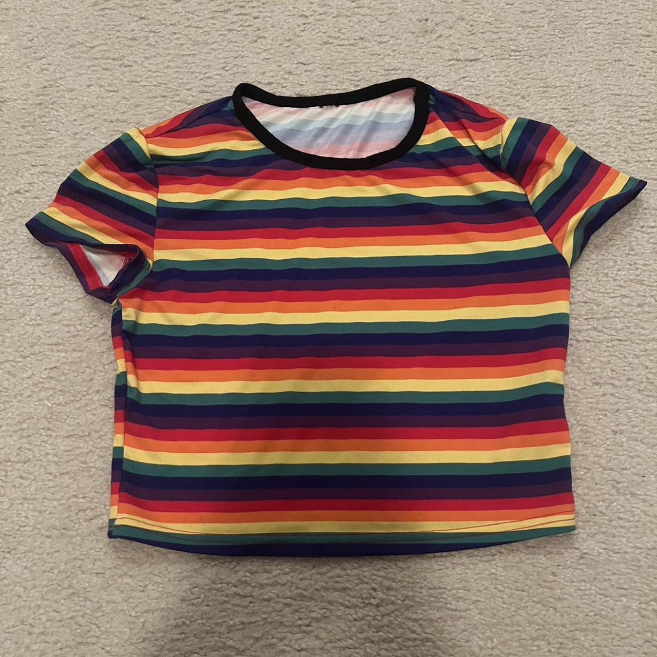 rainbow striped crop top fits like a M no... - Depop