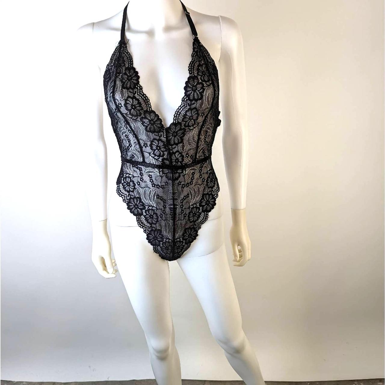 Sexy Sheer Lingerie Bodysuit, Halterneck Black Lace Bodysuit With