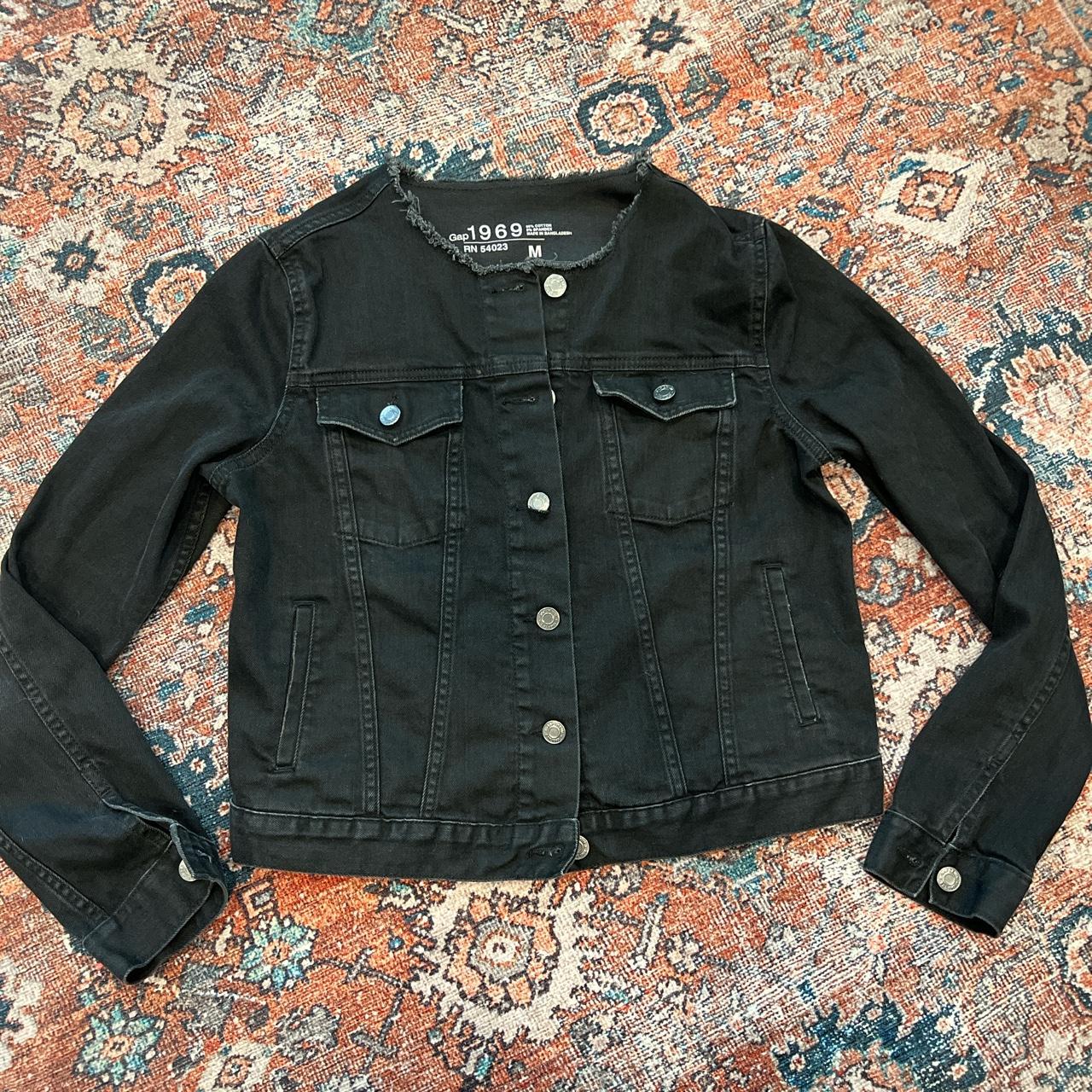 Black collarless jean cropped jacket from the Depop