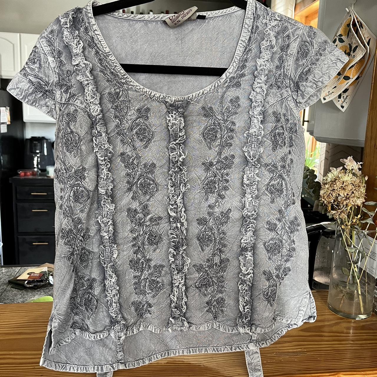 beautifully crafted grey/blue bohemian top. ties in... - Depop