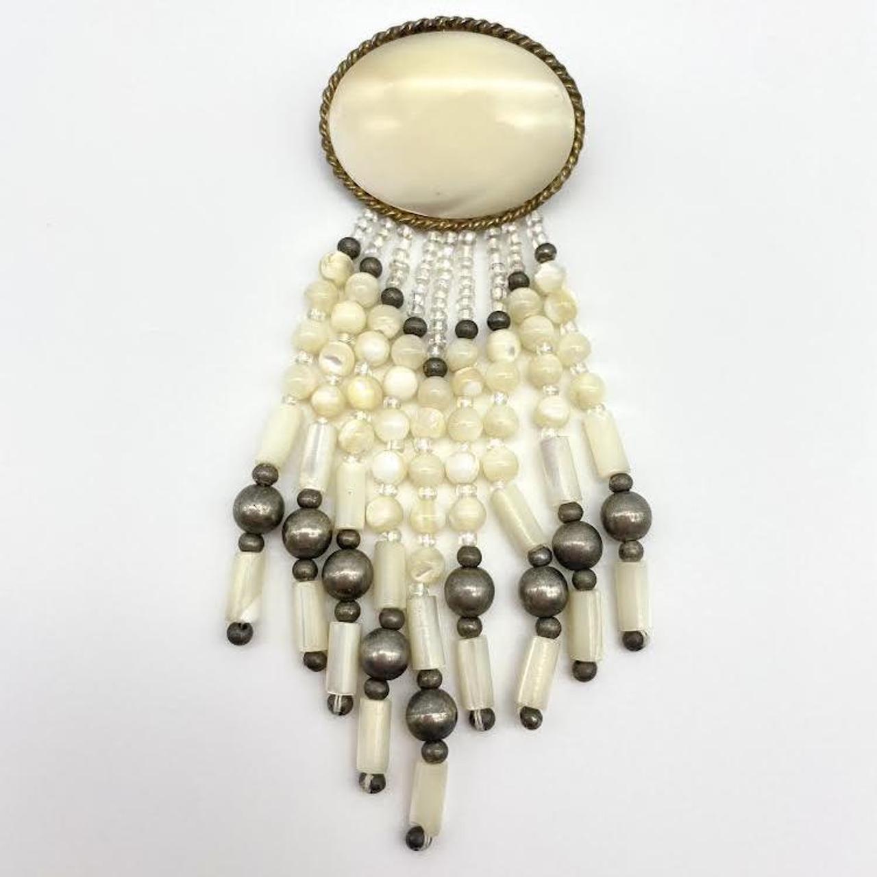 1980s Vintage Long Beaded Pin Mother of Pearl... Depop