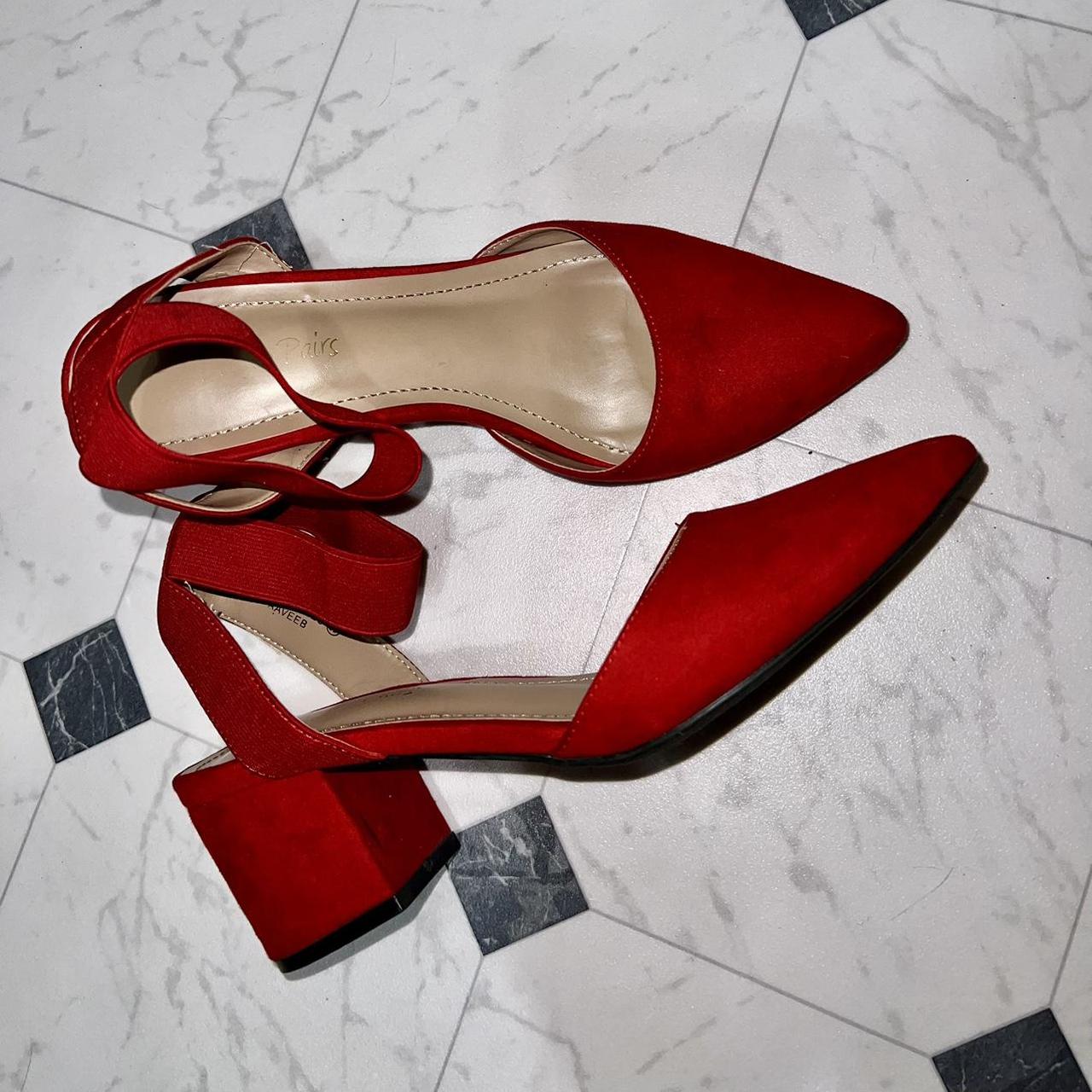 Red faux suede slip-on chunky kitten heel... - Depop