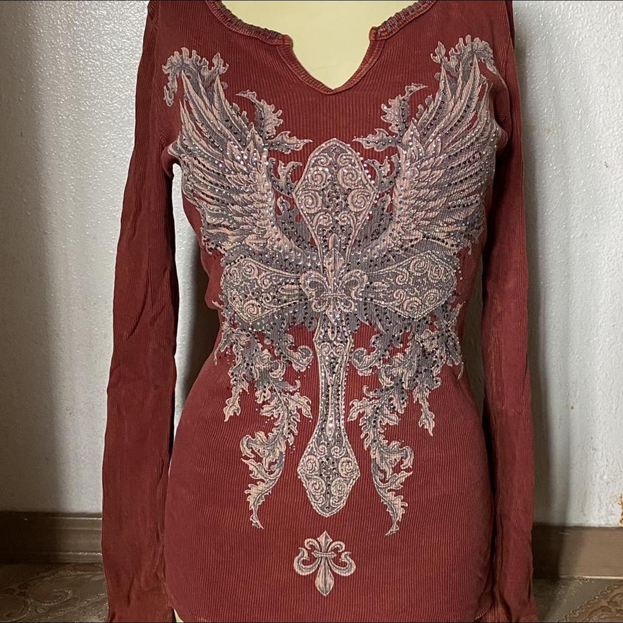 Affliction Women's Orange Shirt | Depop