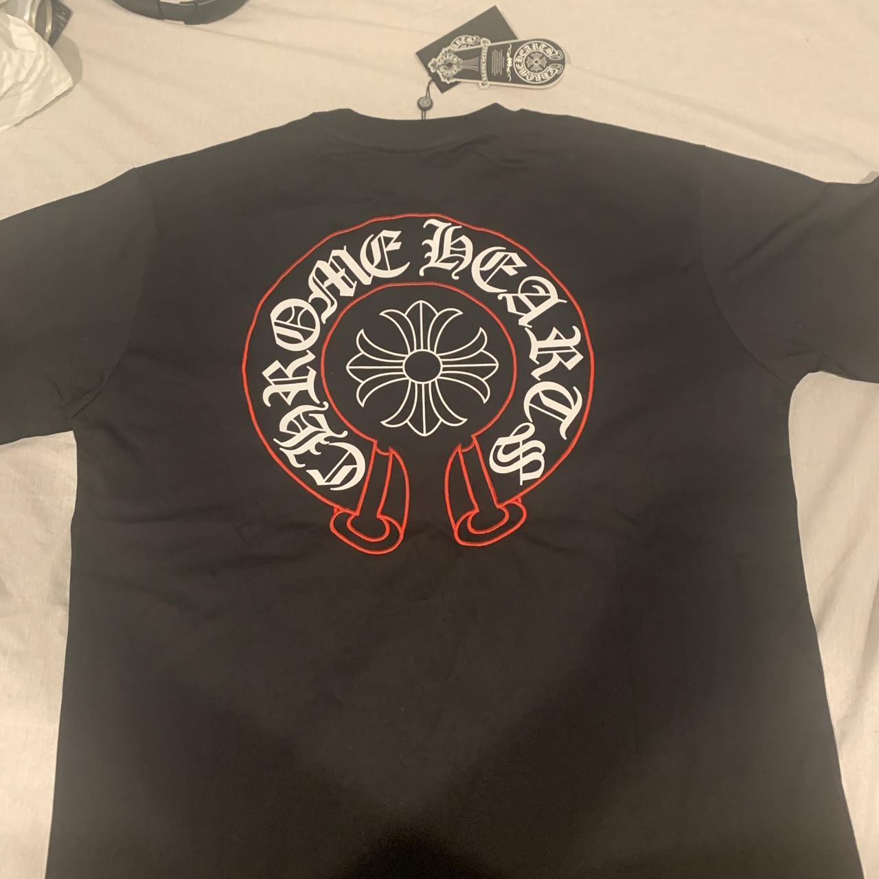 Black chrome hearts t shirt with red stitching... - Depop