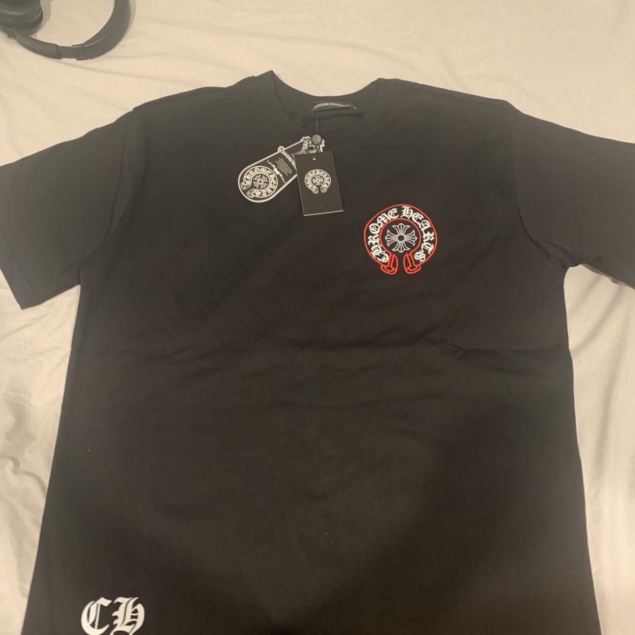 Black chrome hearts t shirt with red stitching... - Depop