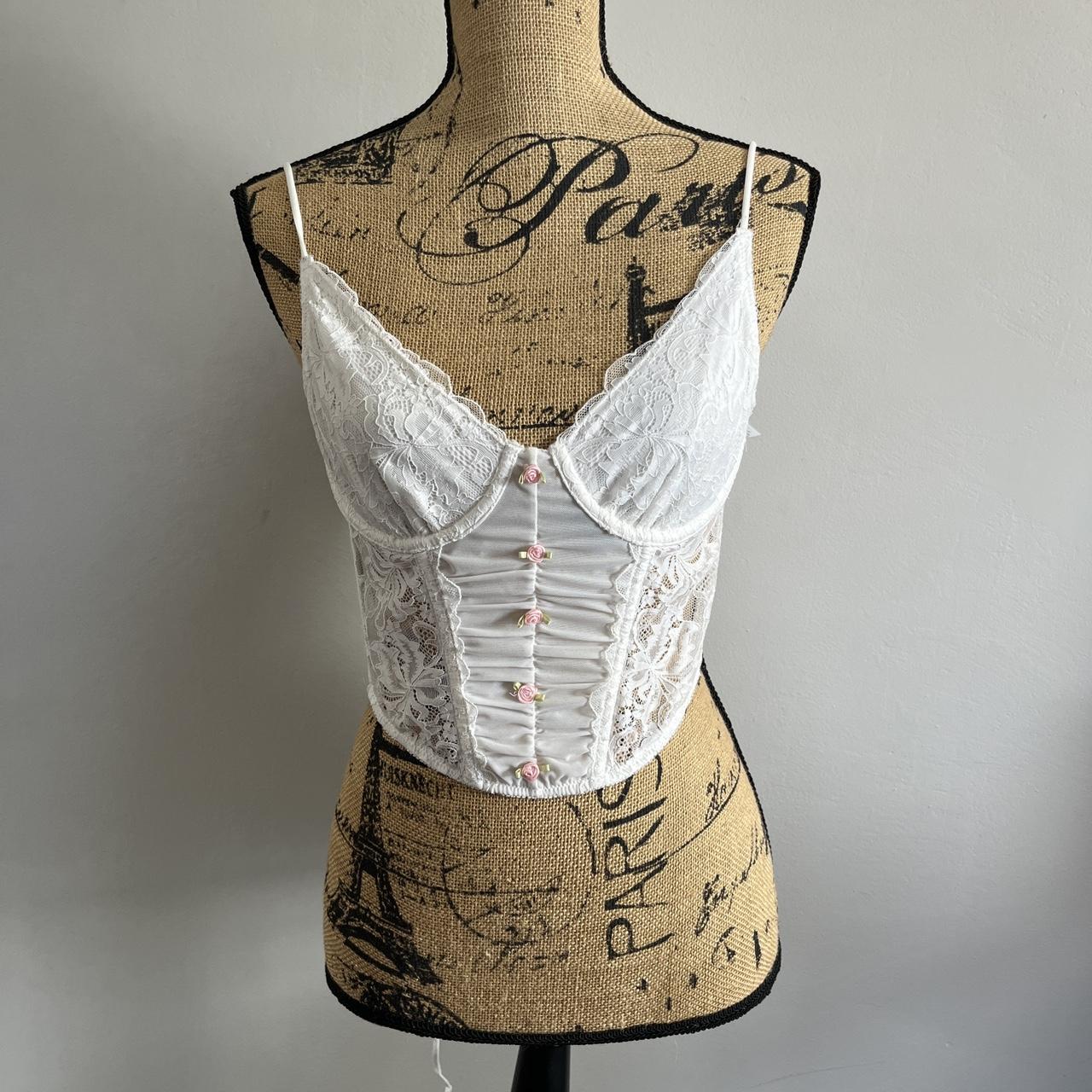 S | Out From Under White Corset with Rosebud... - Depop