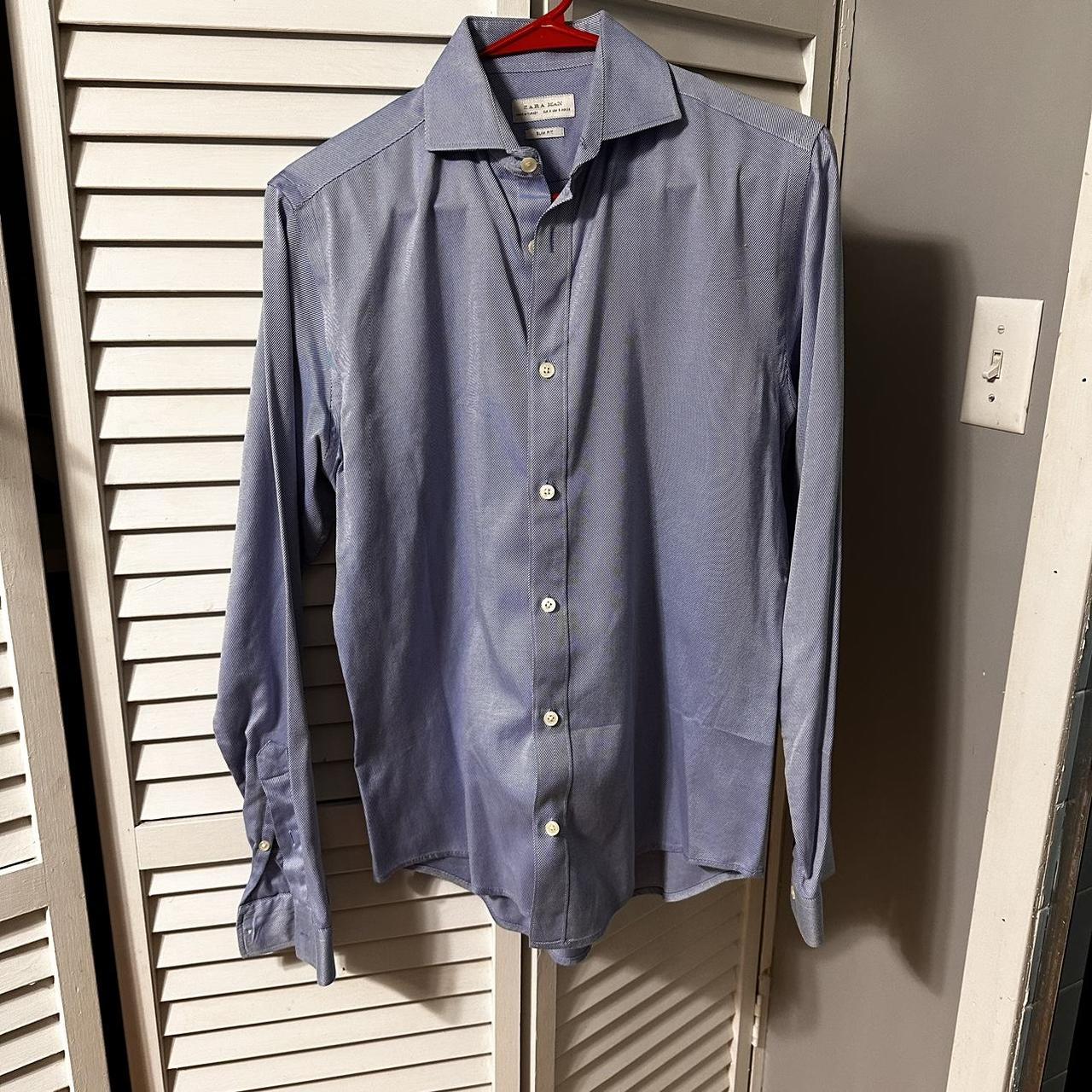 Zara Man slim fit button down in a textured blue... - Depop