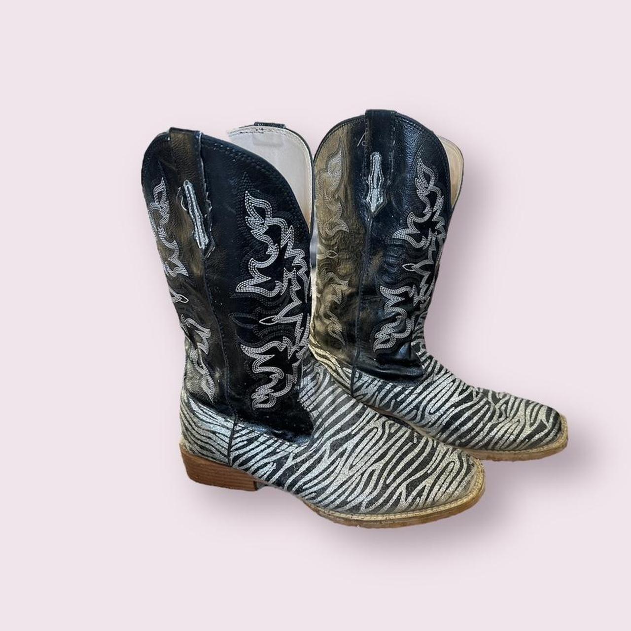 The coolest ropers black zebra cowgirl boots! Size... Depop