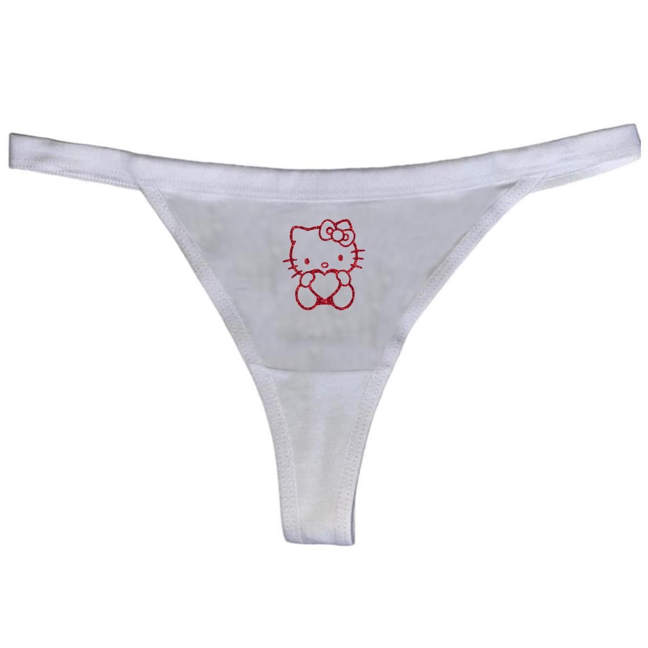 red glitter simple hello Kitty heart white thong... - Depop