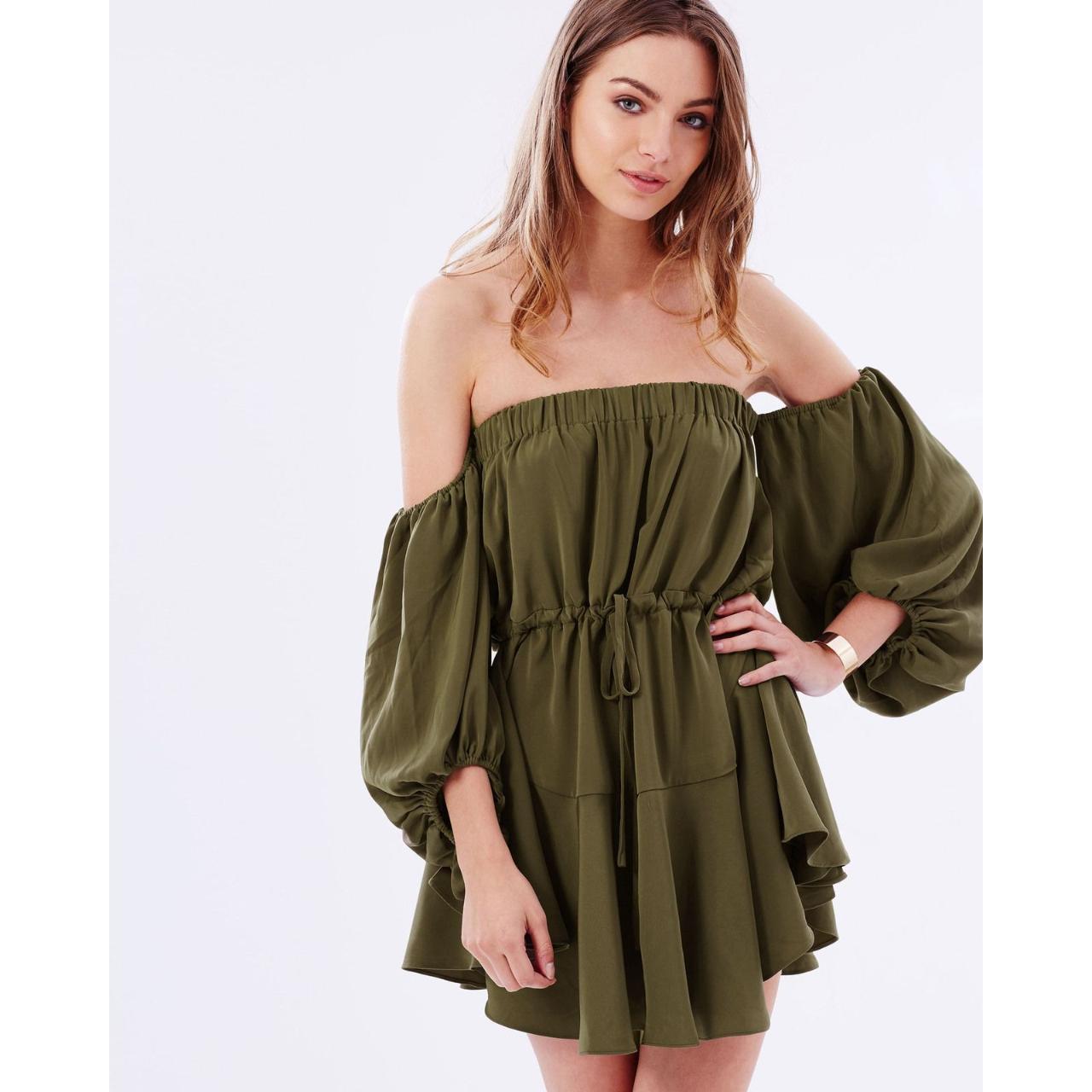 Shona Joy Olive Green Satin Leticia Off Shoulder... - Depop