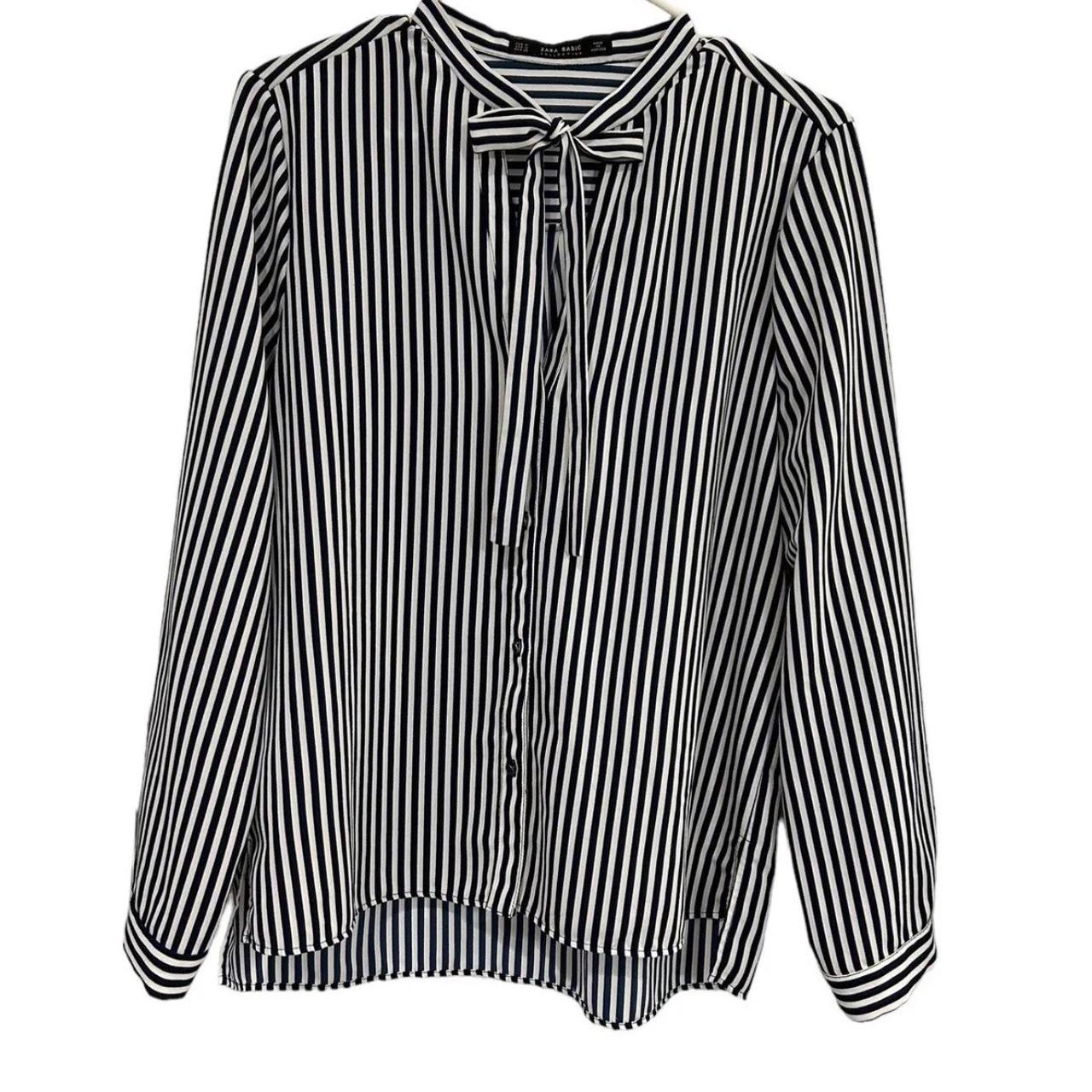 Zara navy blue and white striped blouse - size small... - Depop