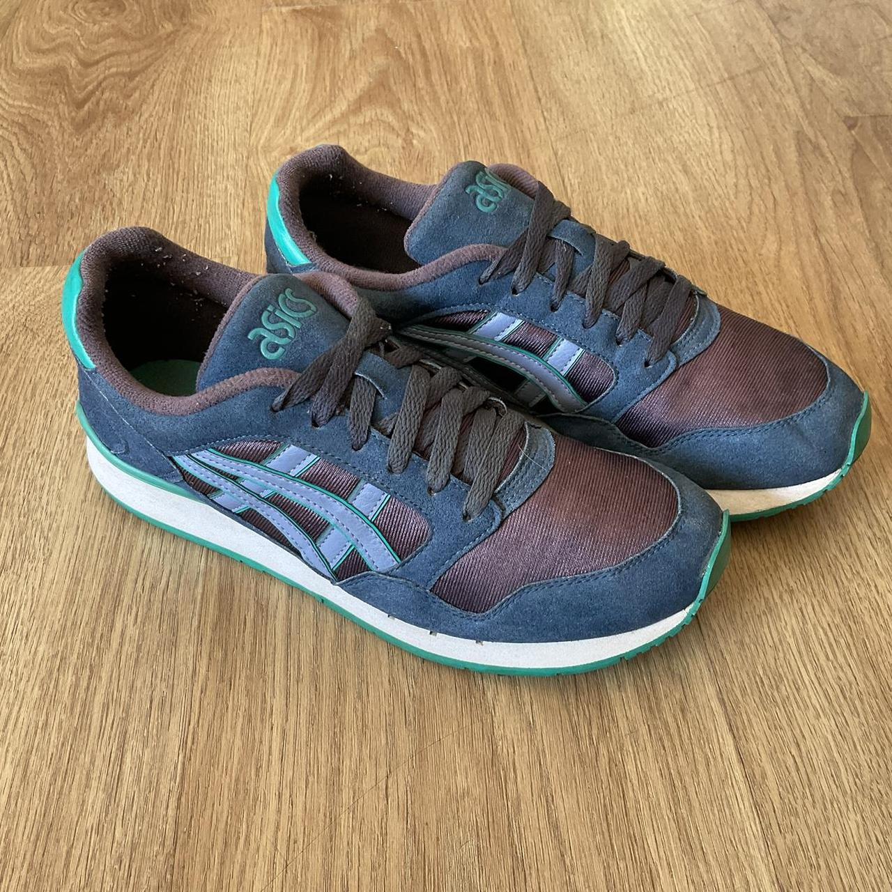 ASICS blue and green trainers with a retro vibe. Depop