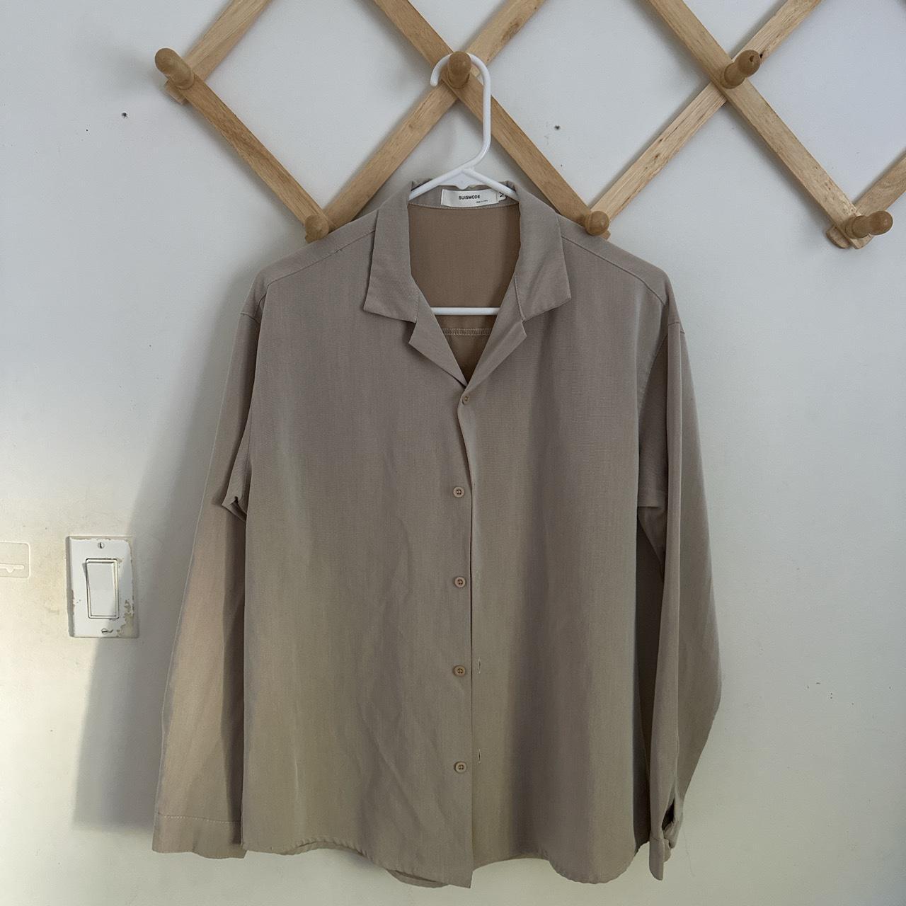 Button up outerwear shirt , beige , M — Rarely... - Depop