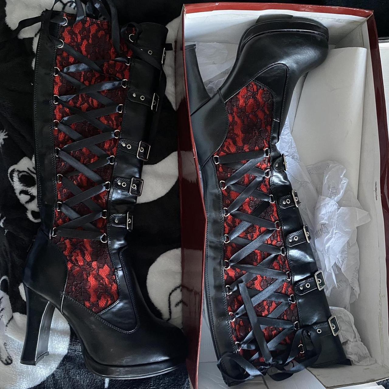 Vintage DEMONIA Crypto-106 Knee-High Boots Black Red... | Depop
