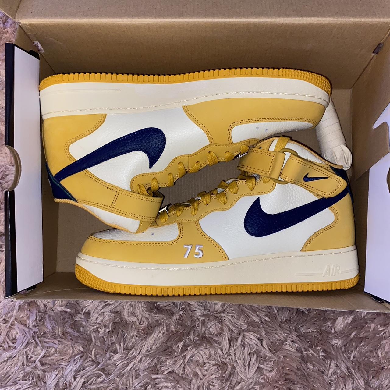 Navy blue and yellow high top air hotsell force ones