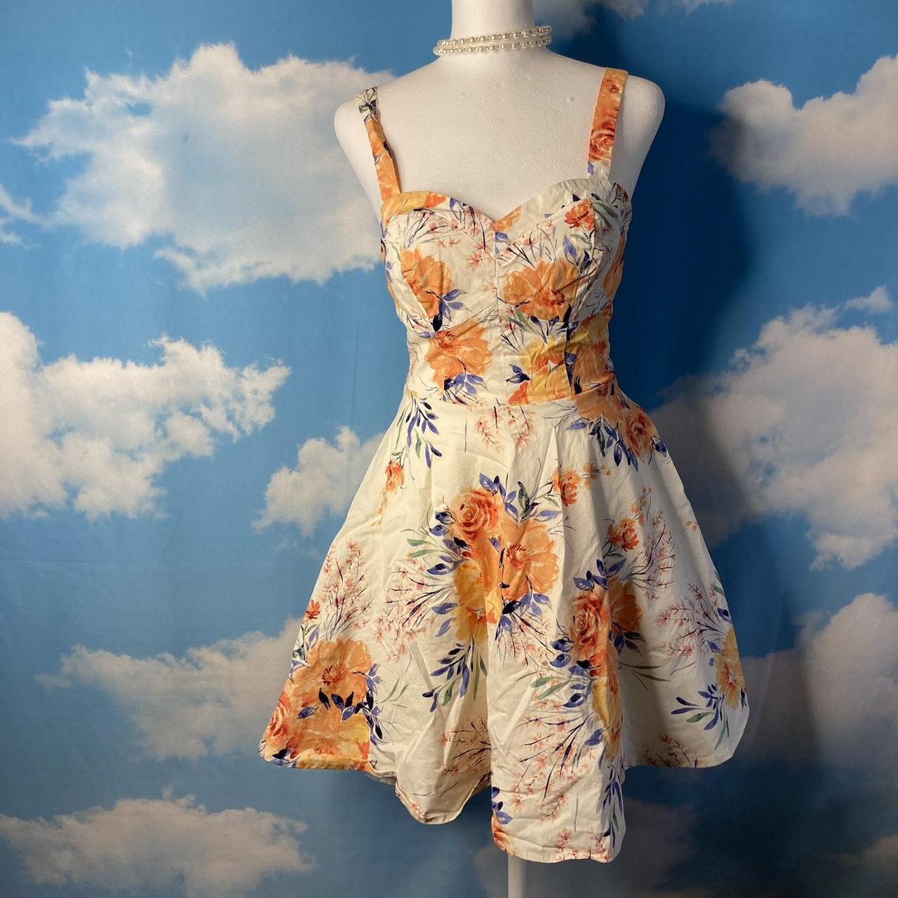 Blue dress with orange 2024 flowers