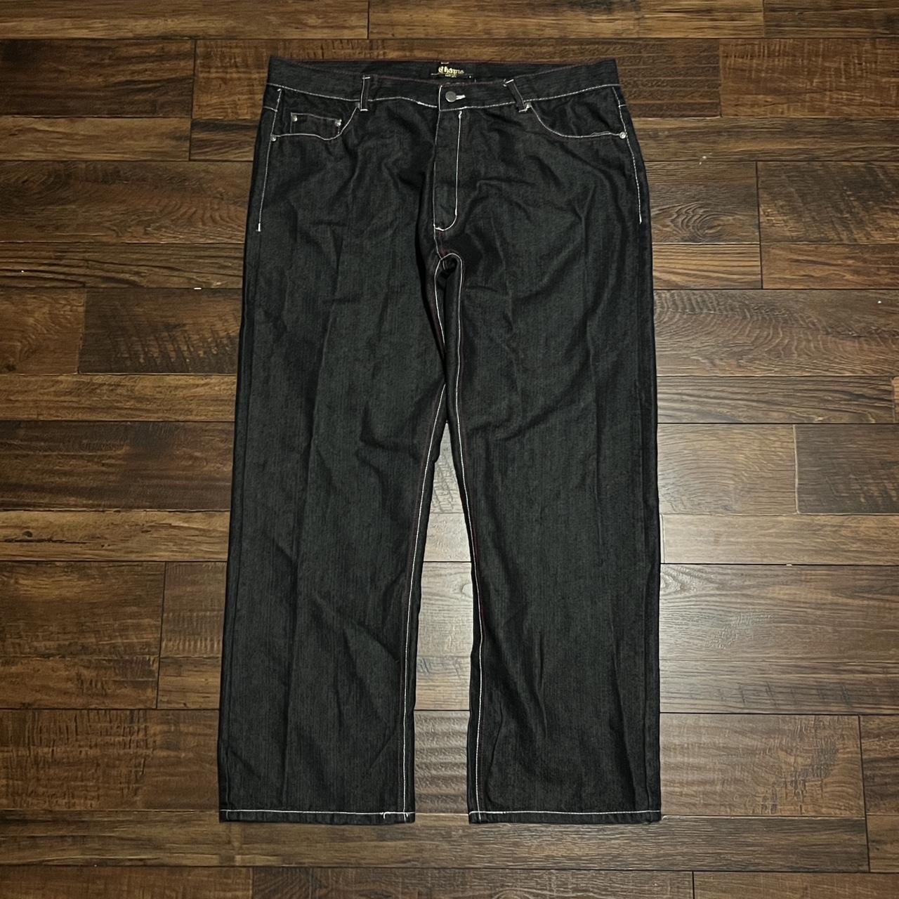 Y2K men’s black denim jeans with red stitching/ back... - Depop