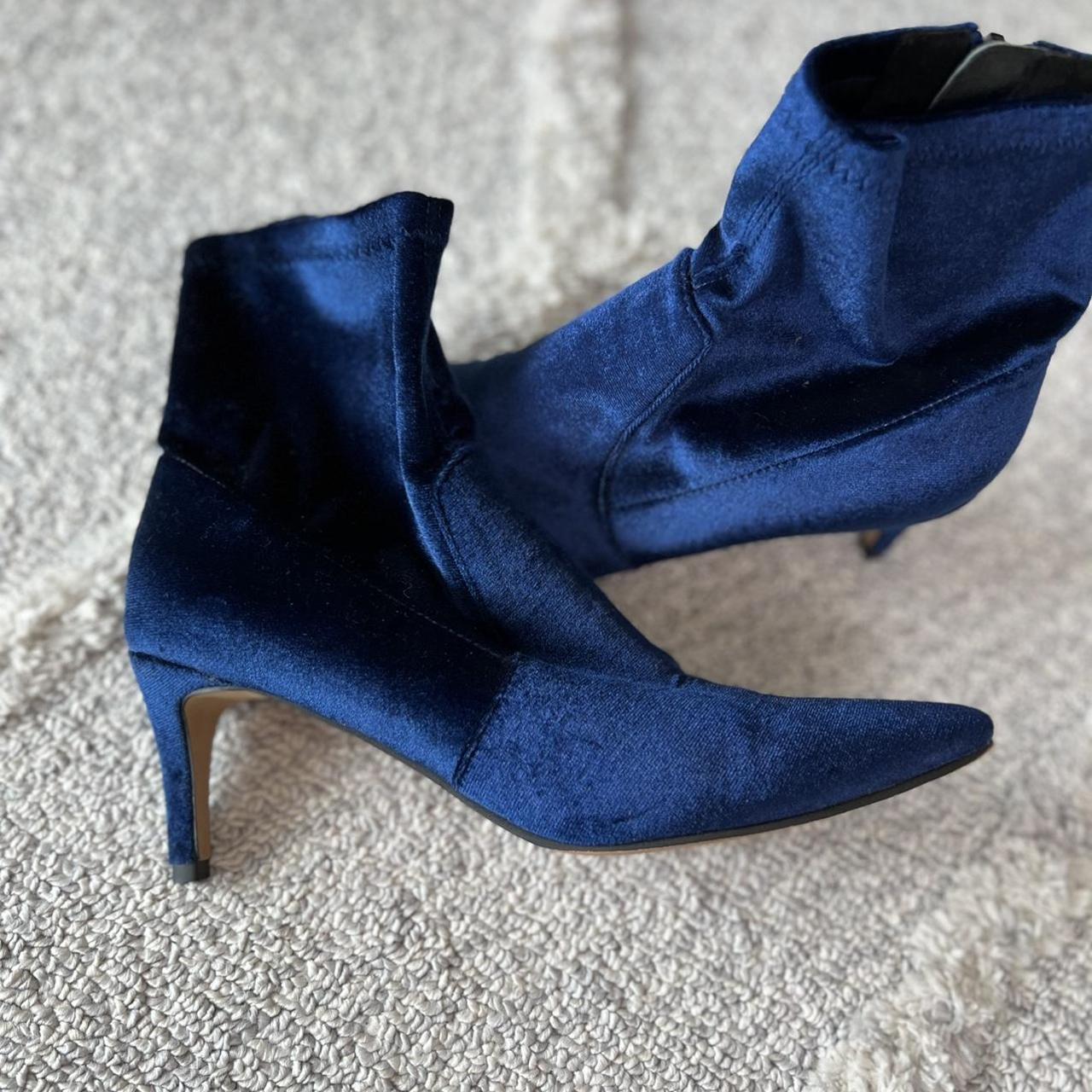 leona edmiston blue velvet boots low heel, very... - Depop