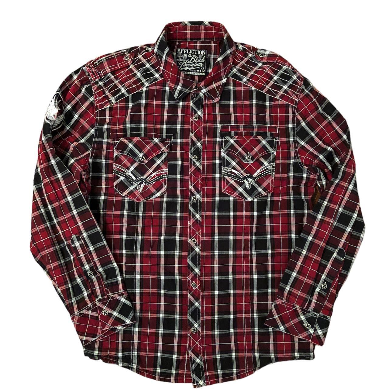 affliction flannel button up long sleeve shirt with... - Depop
