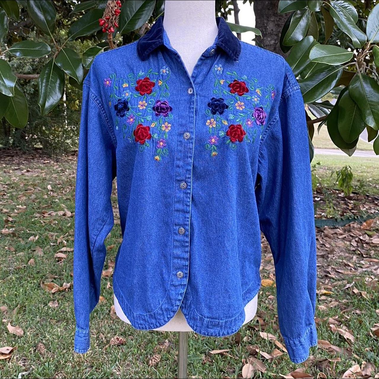 Embroidered denim blouse with velvet floral... - Depop