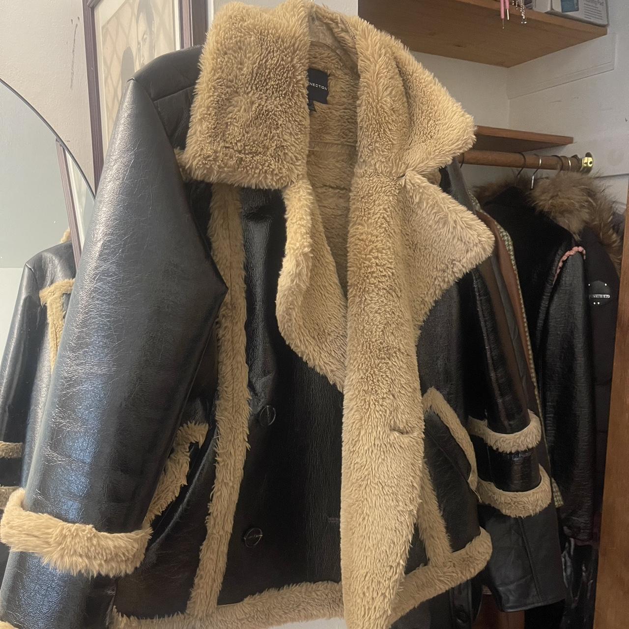 French Connection Women's Tan and Black Coat | Depop