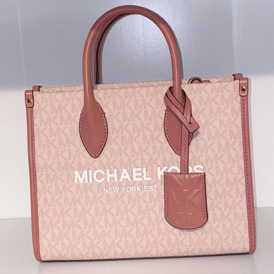 michael kors pink and white canvas tote bag. never - Depop