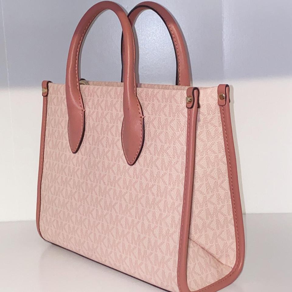 michael kors pink and white canvas tote bag. never - Depop