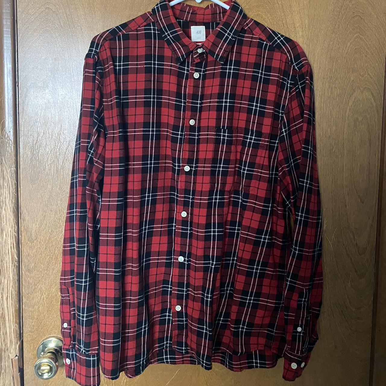 H&M Red and Black Plaid Flannel Pattern Button Up... - Depop