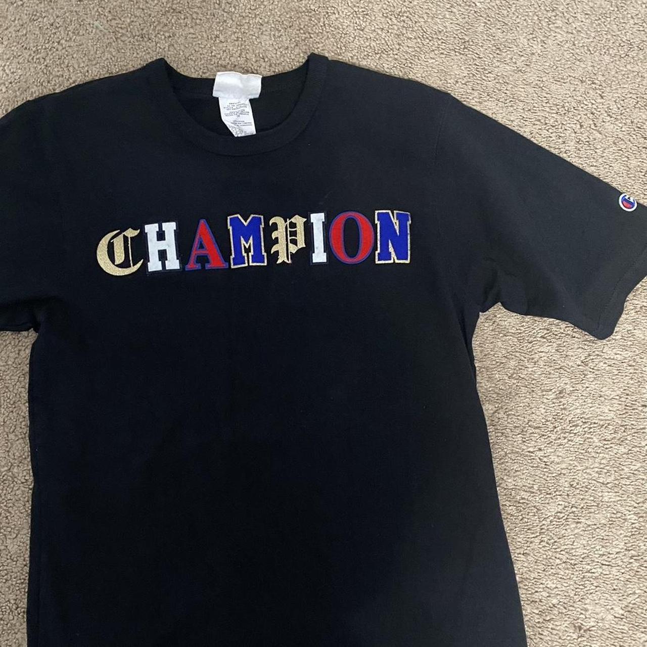 Champion Men's Black and Blue T-shirt | Depop