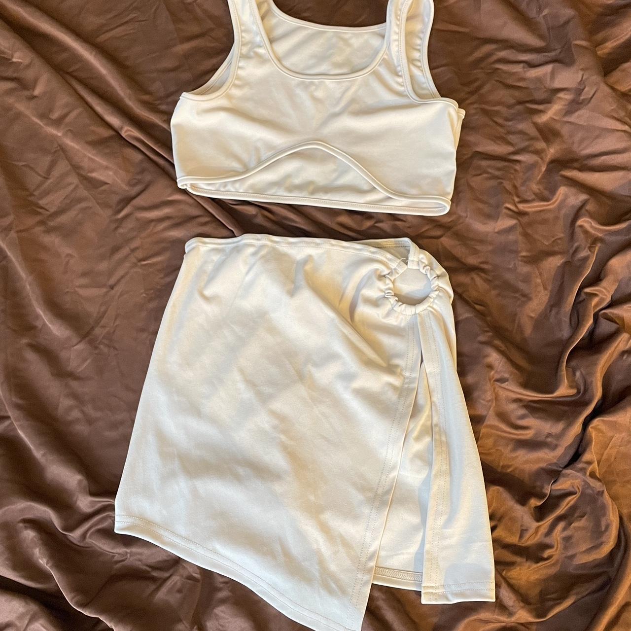 Cream Two Piece Crop Top and Skirt Set High Slit... - Depop